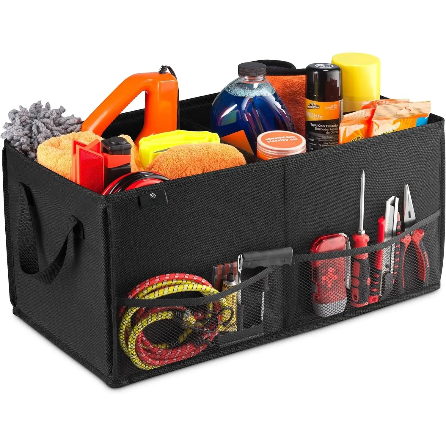 Trunk Organizer – Large 2 Compartment Storage Bin with Non-Slip Fastener, Mesh Side Pockets & Heavy-Duty Handles, 22 x 10 x 11 in, Black – Prevents Shifting & Rolling