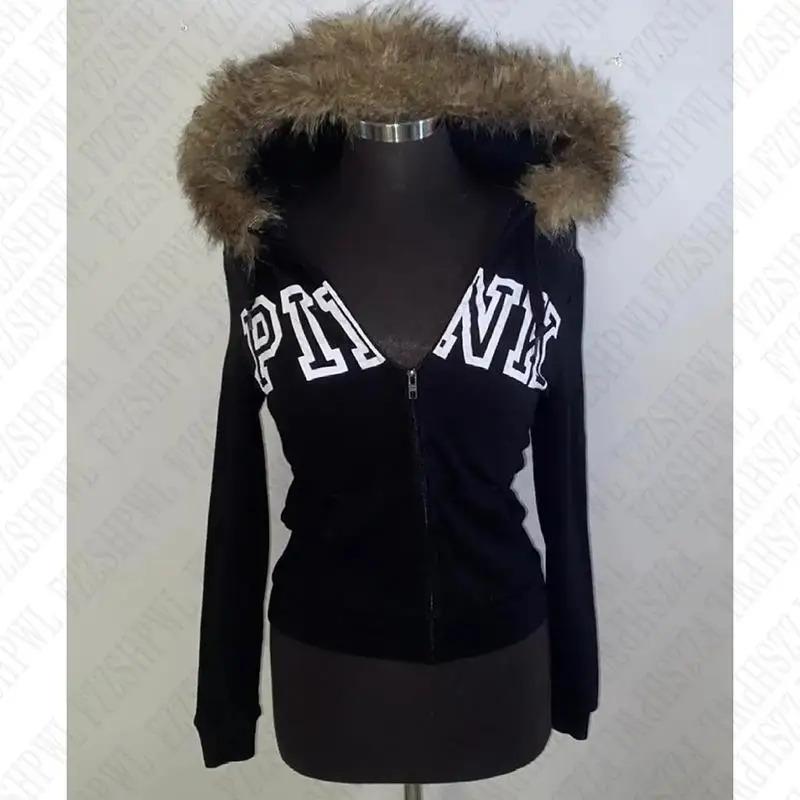 streetwear y2k zip Vintage Emo Fur Hoodie Jacket Women Gothic Hip Hop Fashion Graphic Punk Letter Print Zip Up Hoodies Aesthetic Harajuku Hoodies Clothes Streetwear EMO Girl