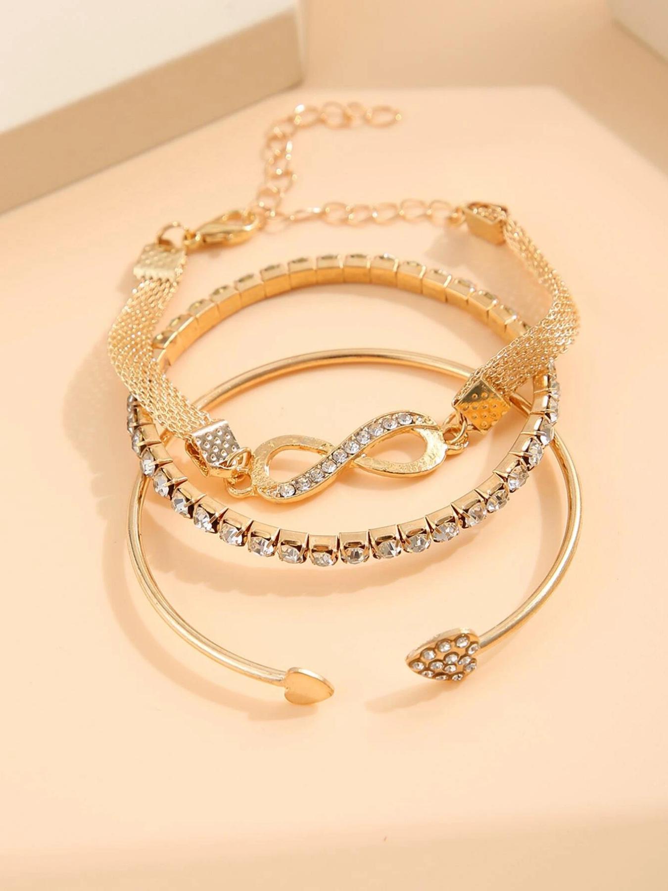 3pcs Women's Minimalist Elegant Heart Rhinestone Bangles Set, Pretty Bracelet, Bracelet Bundle, Fashion Accessories for Parties and Daily Wear, Versatile Elegant Jewelry Bracelet Set
