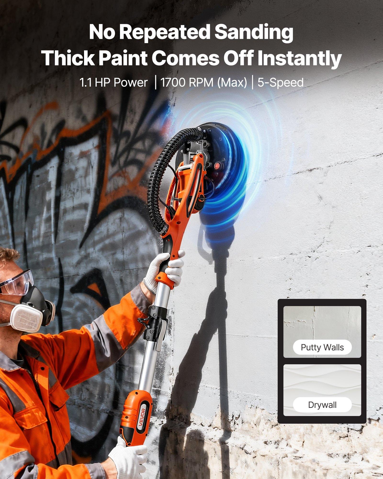 VEVOR Drywall Sander, 850W Electric Drywall Sander, Popcorn Ceiling Removal Tool with 5 Variable Speed 800-1700 RPM, Double-Deck LED Light, Foldable & Extendable Handle, 15 Sanding Discs, Dust Hose