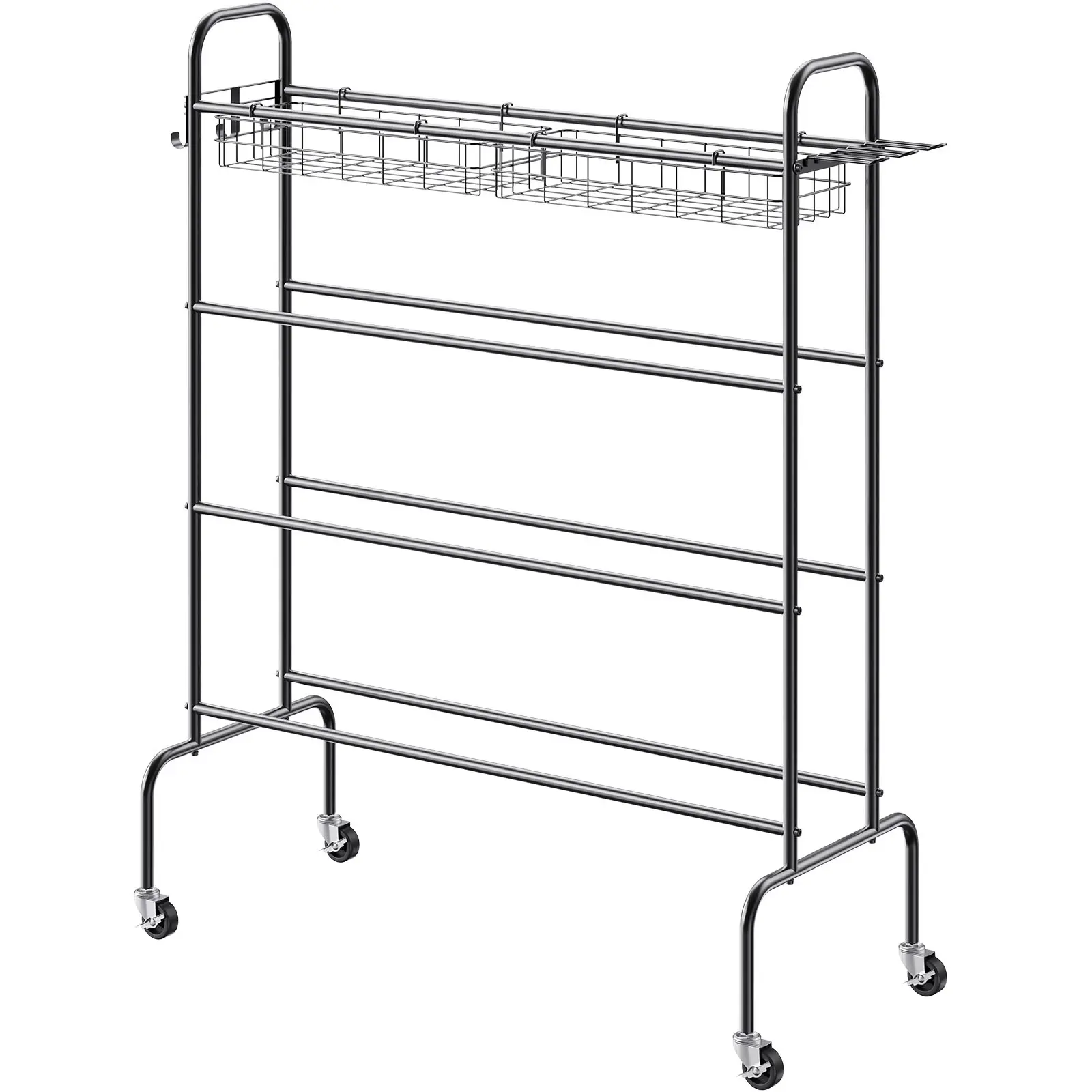 Basketball Rack, 4-Layers Rolling Basketball Shooting Training Stand, Sports Equipment Storage Organizer with Wheels, Hooks and Baskets, Garage Ball Storage Holder for Football Soccer Volleyball