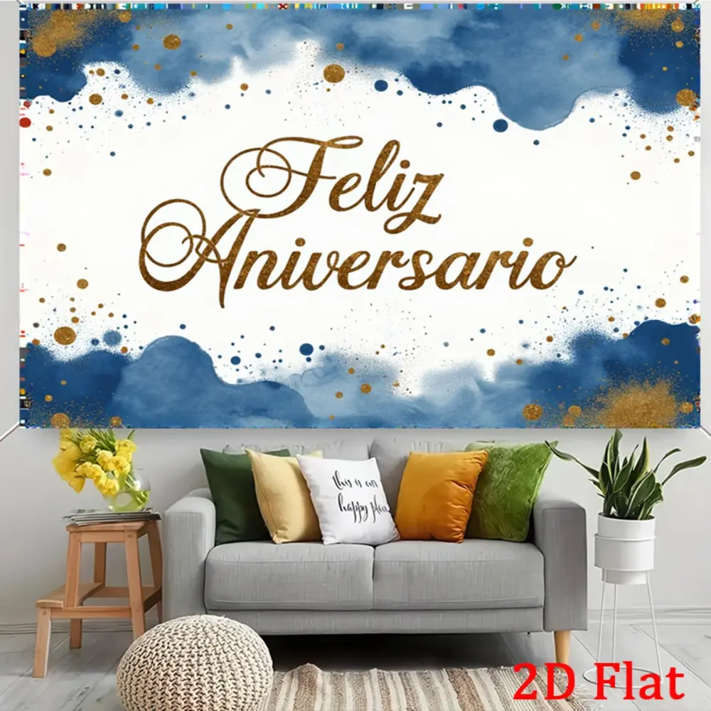 2D Flat Banner Blue and gold watercolor style Feliz Aniversario anniversary photography backdrop, HD printed polyester fabric, soft lightweight foldable background cloth, suitable for anniversary parties, event decoration, product