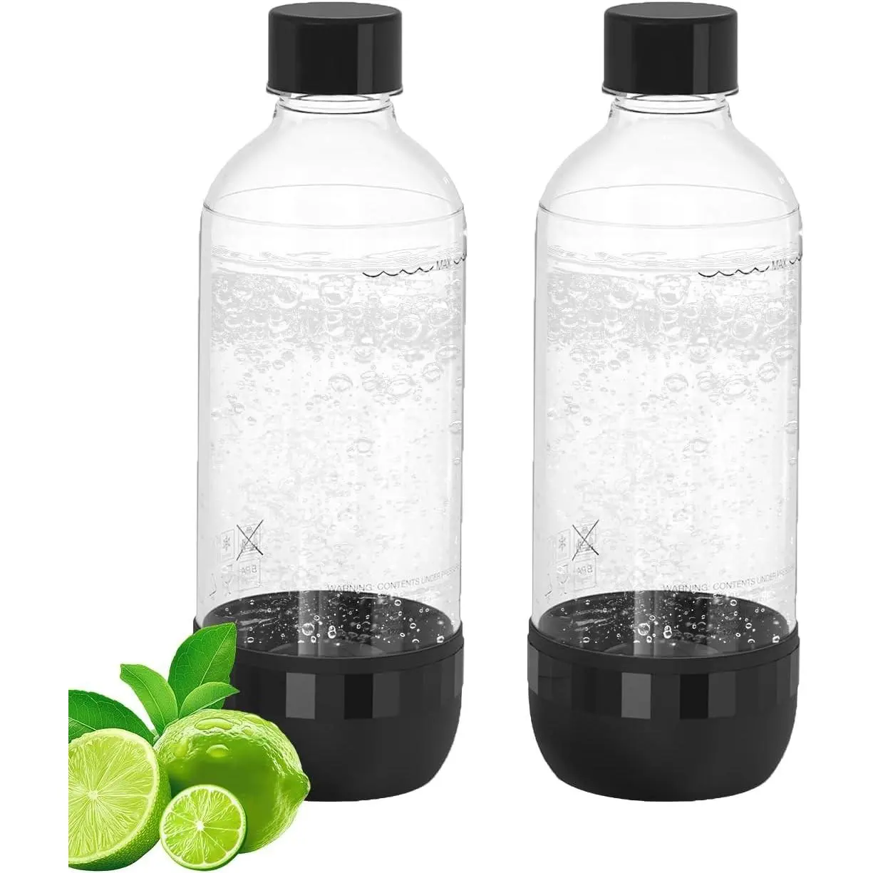 1L Reusable BPA Free Carbonating Sparkling Water Bottles Replacement for Soda Machine, 2 Pack Black