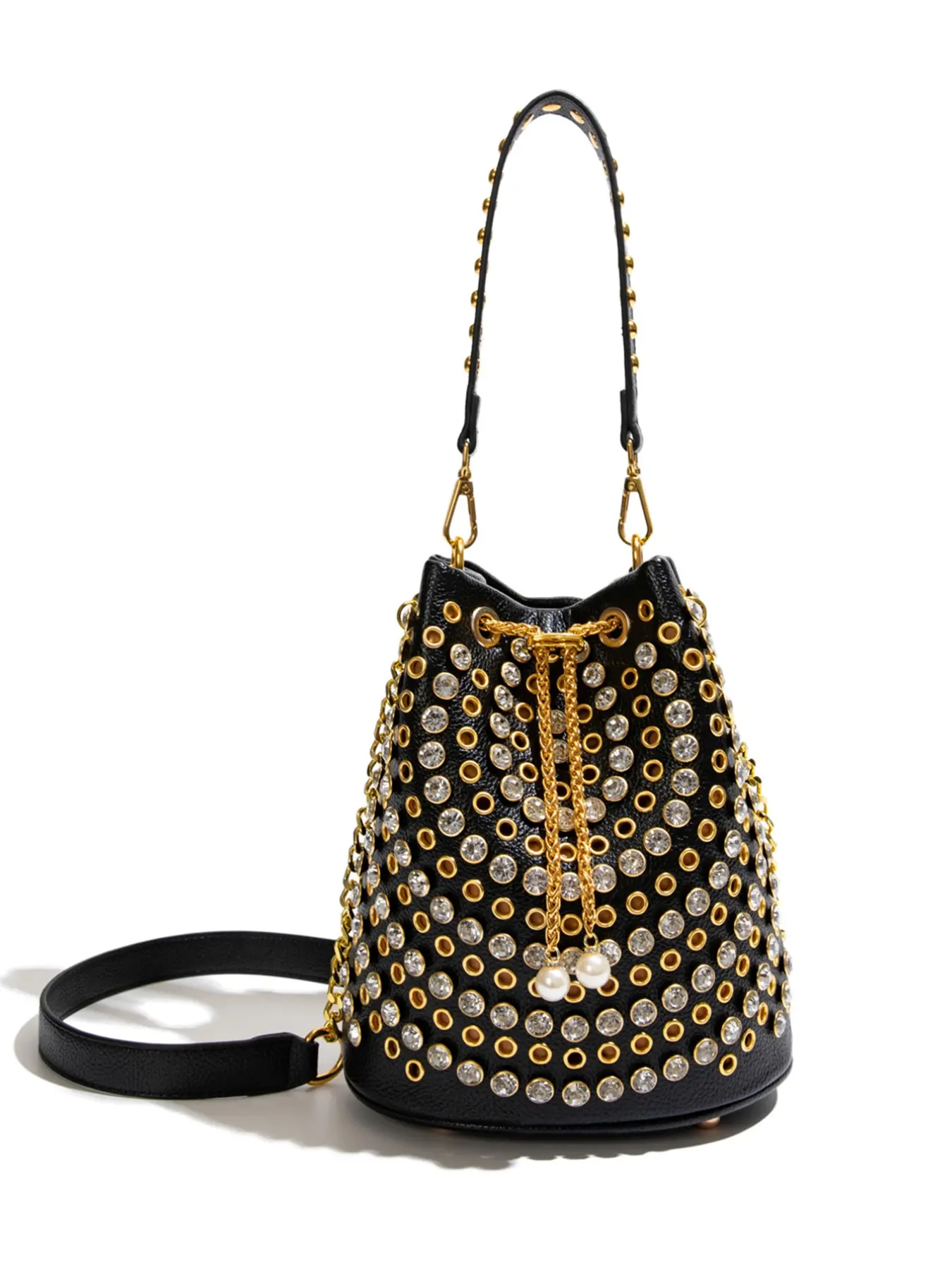 Waterproof Bucket Bag with Rivets and Drawstring, Lightweight Luxury Retro Style Women's Backpack, Dual Straps, Pearl Charm, Durable PU Leather, Vintage Backpack