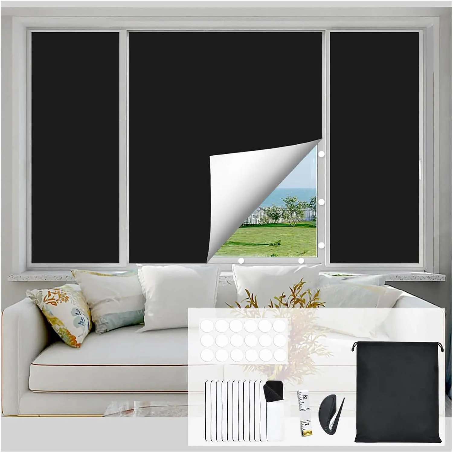 Portable No-Drill Cuttable Blackout Window Curtains (79x57 in) - Easy-Installation, Lightproofing Oxford Fabric Curtains with Installation Instructions for Bedroom