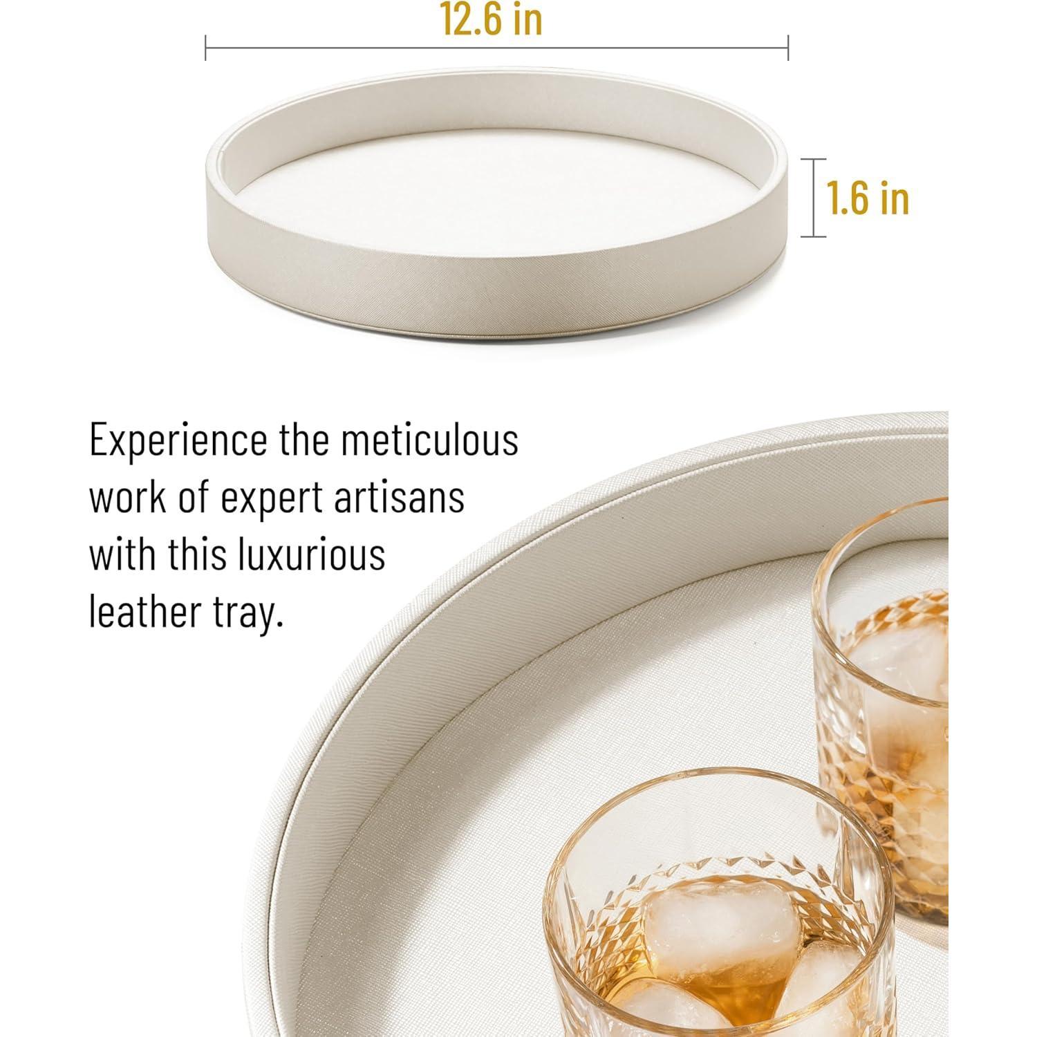 12.6 Inch Round Serving Tray,  Decorative LeatherOttoman Wooden Decor Platter Bathroom Vanity Tray for All Occasions Anti Slip White