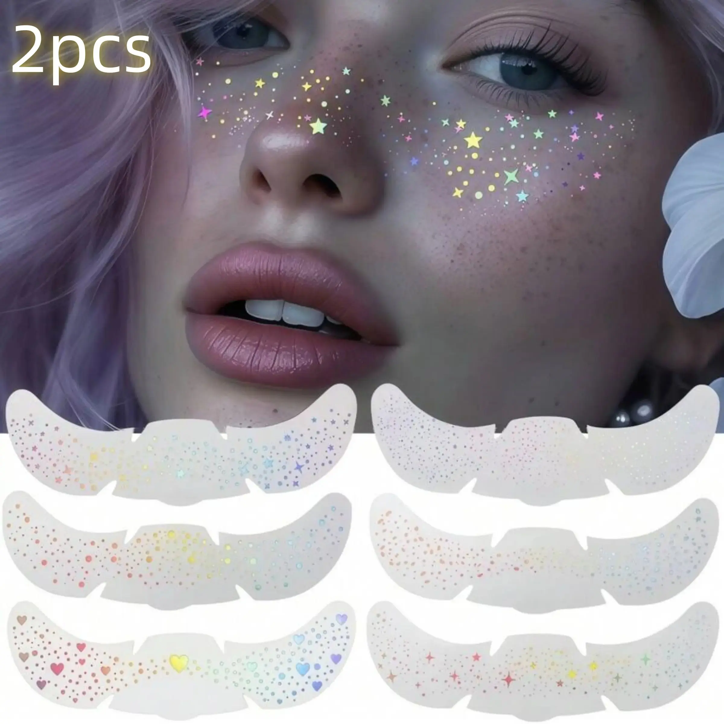 2 Sheets Holographic Glitter Freckle Stickers, Waterproof Gold Foil Laser Makeup Stickers, Sparkly Star Heart Patterns, Party Festival Daily Use