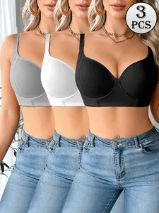 3-Piece Invisible Bra Set, 3/4 Cup Lifted Bras, Adjustable Non-Slip Straps, Multi-Clasp Thin Lingerie, Daily Wear Underwear