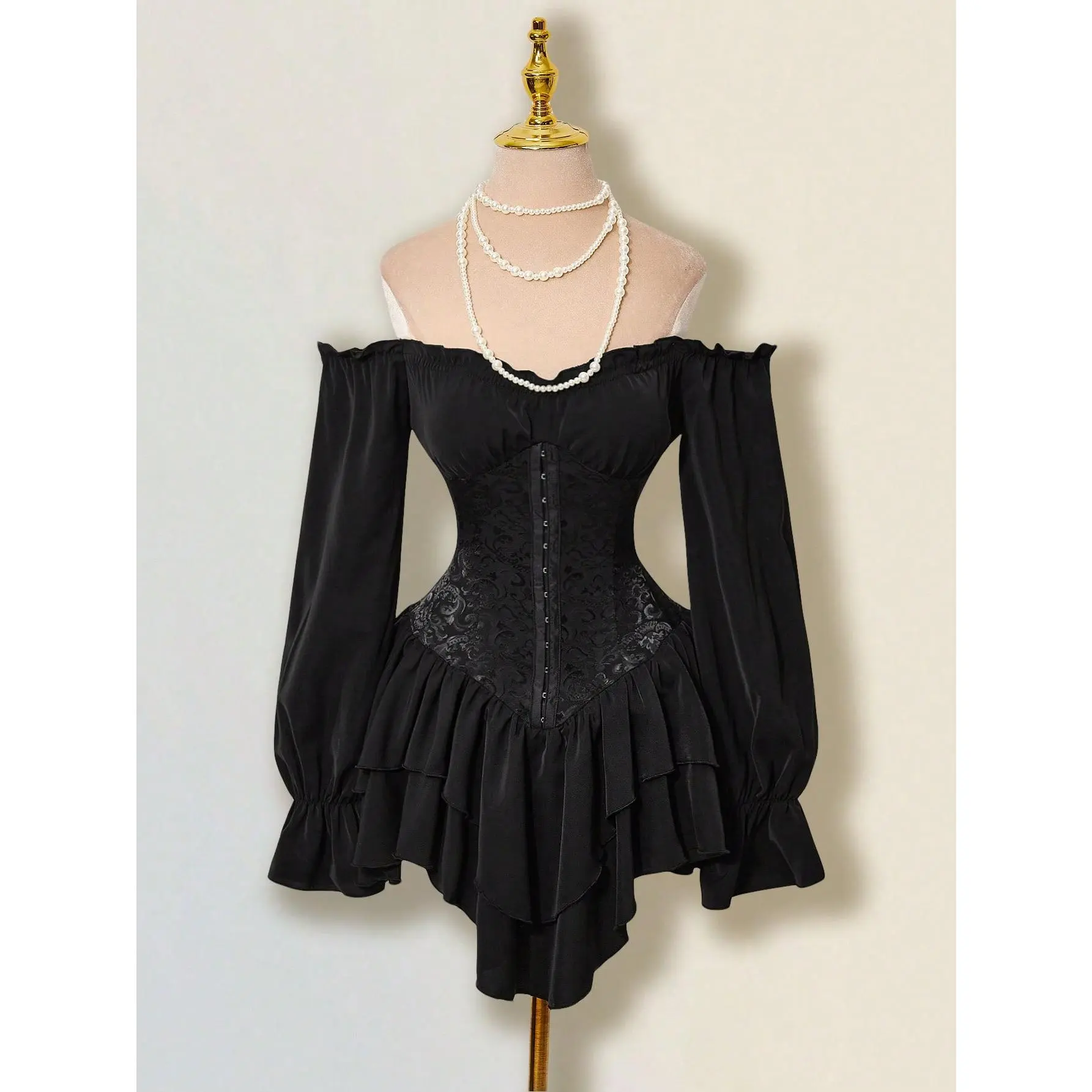 Women's Fitted Off-Shoulder Longsleeves Black Jacquard Patchwork Cocktail Mini Dress - Elegant Formal Adjustable Tie-Waist, Ruffle Hem, Dry Clean Only, Night Out Clothes