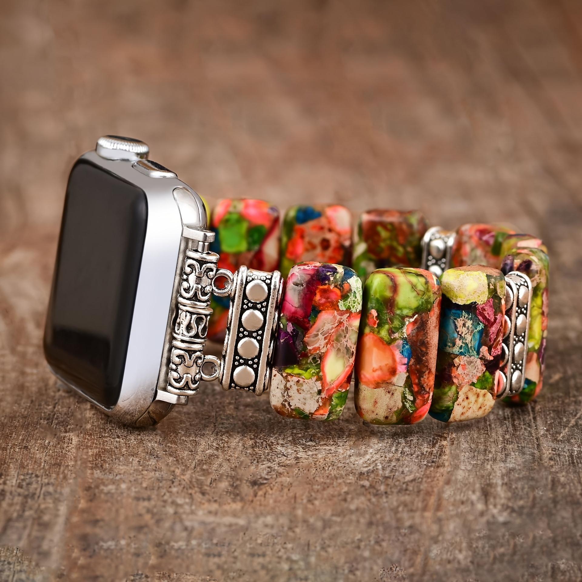 Colorful Natural Stone Beaded Apple Watch Band, Handmade Elastic Strap for iWatch Series 10/9/8/7/6/SE/Ultra 38mm-49mm, Cute Feminine Wristband for Women