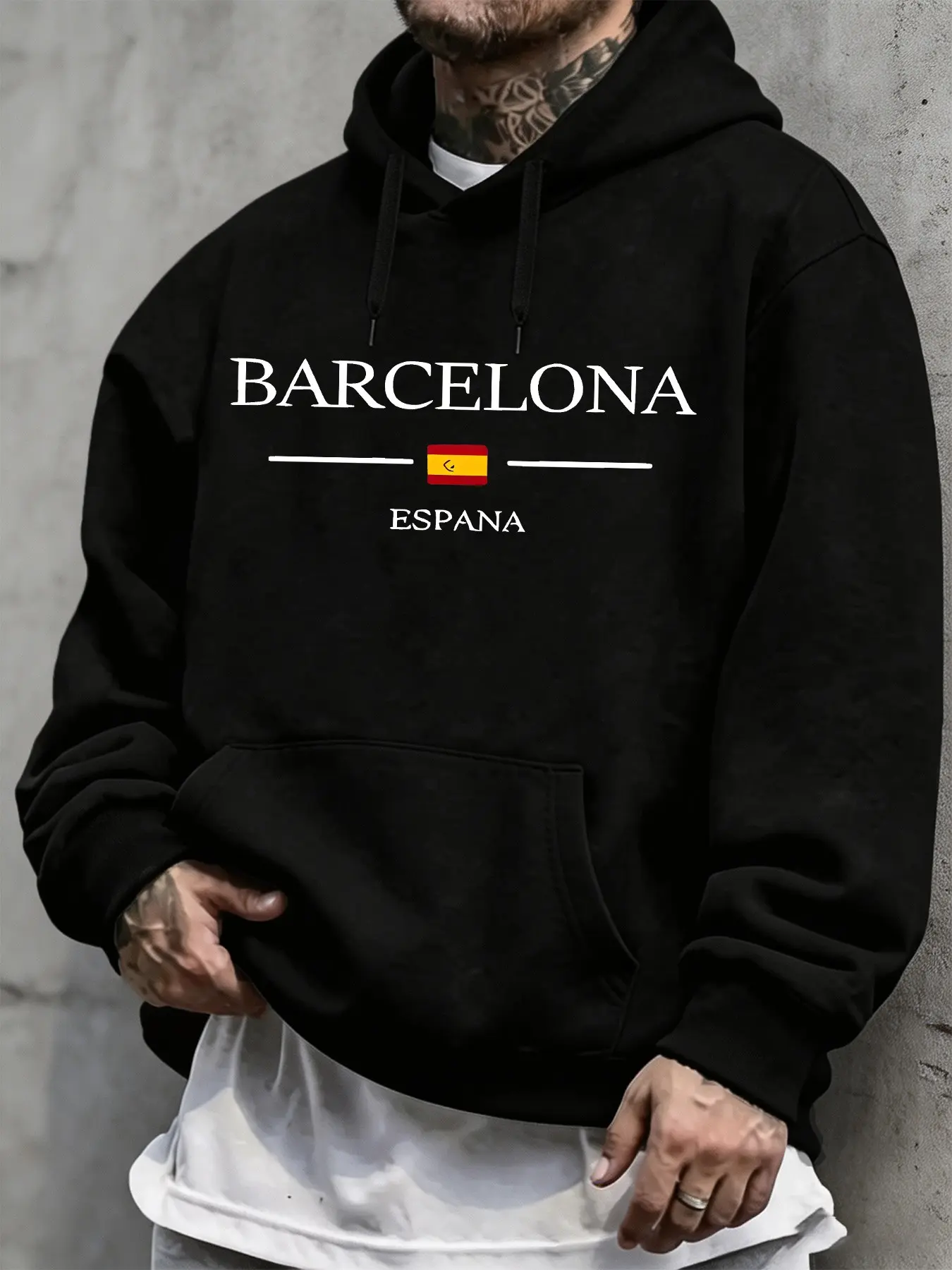Mcd Barcelona Espana Spain Flag Hoodie, Unisex Oversized Pullover, Casual Loose-Fit Streetwear, Fall Winter Daily Top