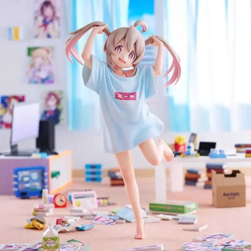 Onii-Chan Oshino Mahiro Anime Girl Figure Gradient Pink Twin Ponytail Oversized Fish Print Sleep T-Shirt Barefoot Playful Dynamic One Foot Lifted Cute Kawaii PVC Hand Painted Collectible Statue Desk Decor Gift For Anime Fans Teen Girls Birthday Christmas