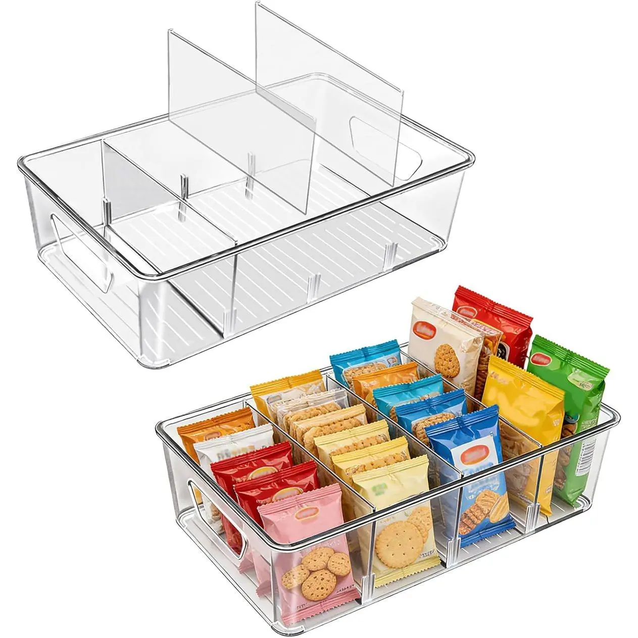 Stackable 4-Compartment Pantry Organizers and Storage, Clear Plastic Storage Bins with Removable Dividers Suitable for Pantry, Office, Kitchen, Cabinet & Fridge Organization, 2-Pack
