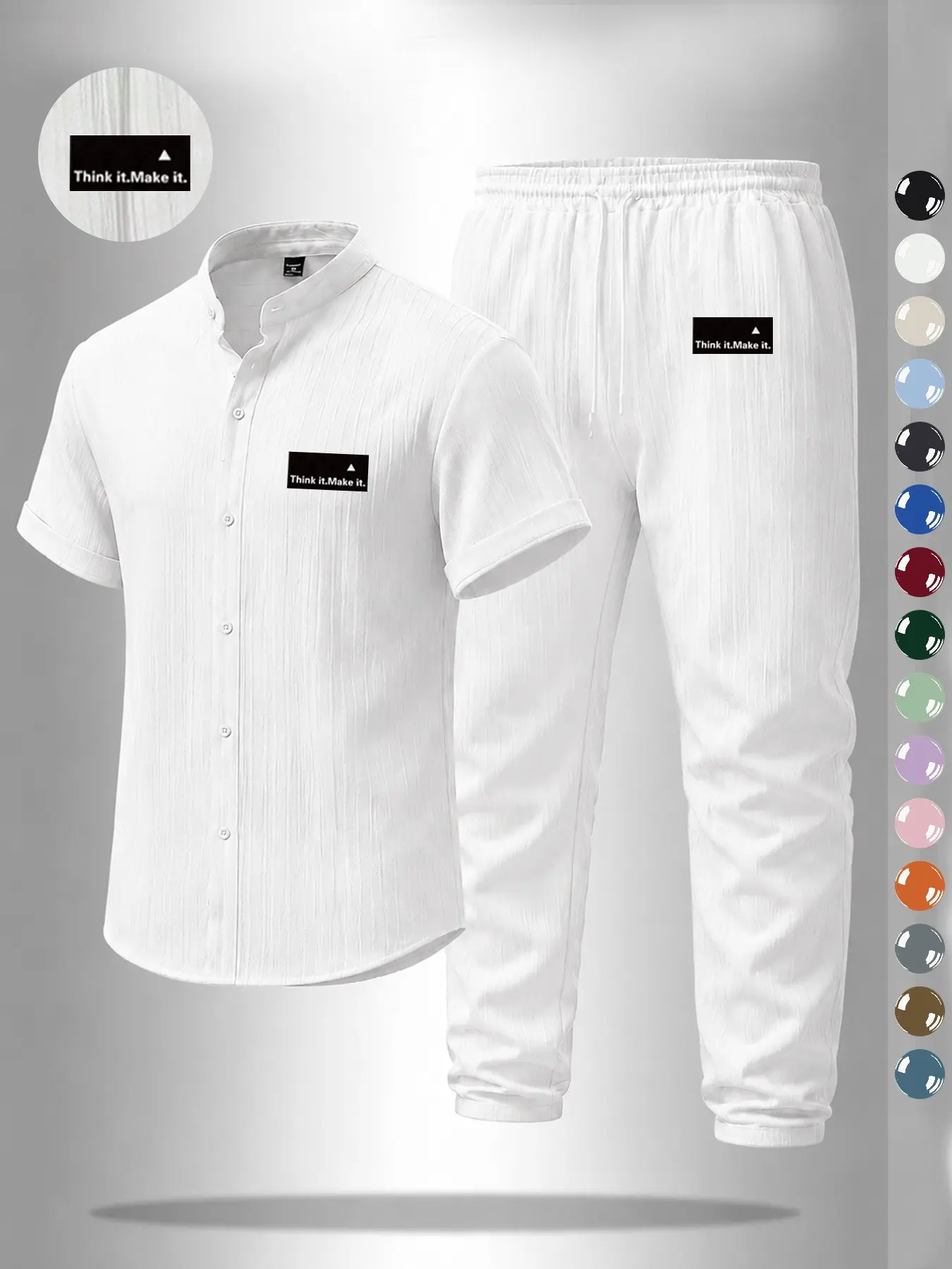 Men's 2 Piece Summer Outfits Lightweight Linen Textured Short Sleeve Mandarin Collar Shirts and Drawstring Pants Set Casual Beach Vacation Matching Clothes