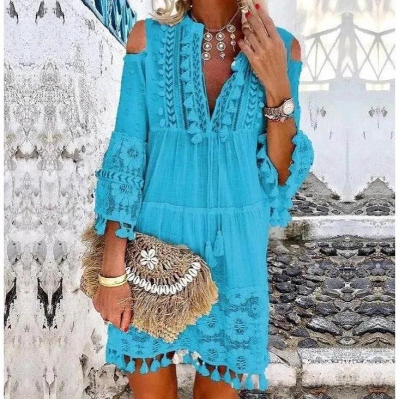 New Spring Embroidered Crochet Lace Bohemian Dress Women's Elegant Off Shoulder Tassel Ruffle Mini Dress Summer V-neck Women's Beach Dress Elegant Casual Women's Dress