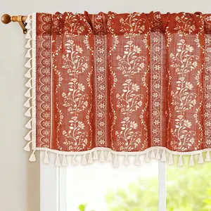Boho Valance Curtains Vintage Linen Kitchen Valances for Windows Light Filtering Floral Valance Rod Pocket Farmhouse Rustic Tassel Window Valances for Bathroom Cafe, 52" W X 18" L, Terracotta