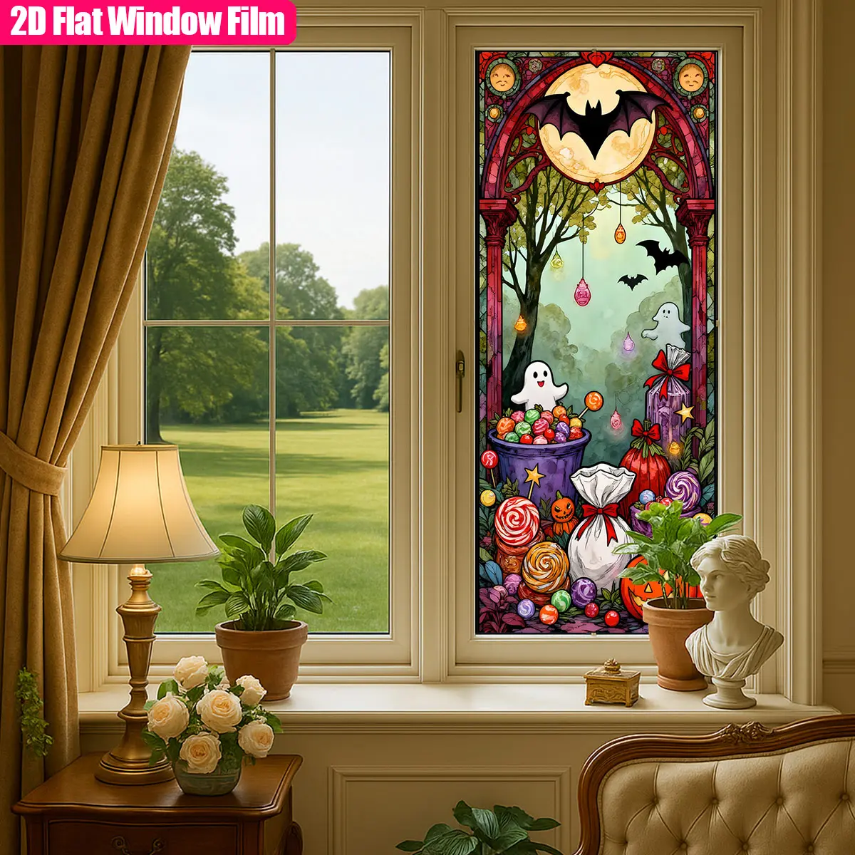2D Flat, 2D Flat Electrostatic Cling Window Decal Features an Arched Doorway with a Crescent Moon and Bats Above, Surrounded by Ghosts, and a Stained Glass Window Film Below. This Decorative Patterned Window Film Is Suitable for Living Rooms