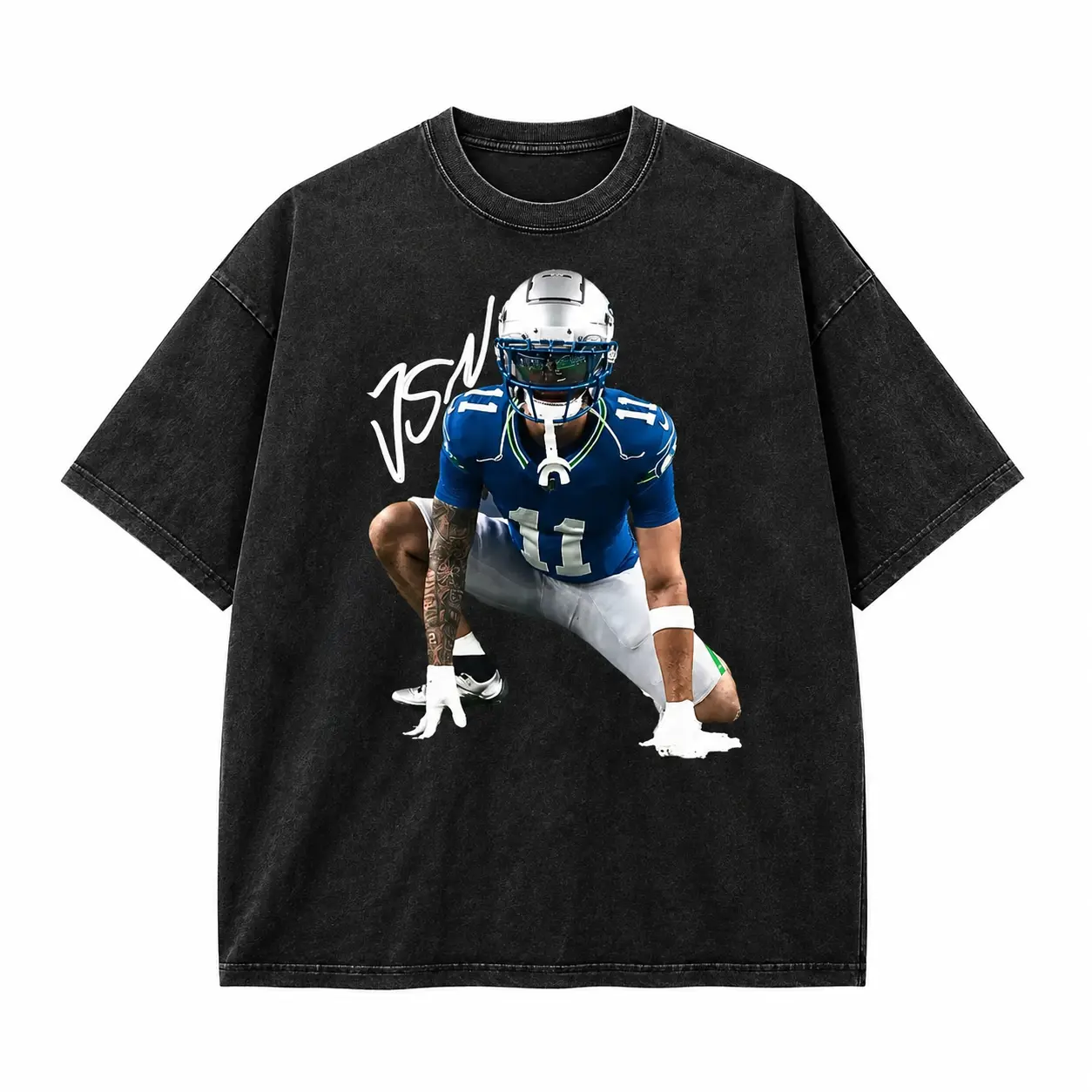 Number 11 Football Player Squat Pose Portrait Signature Printed Tee, Black Casual Short Sleeve T-Shirt, Gift For Men Women Football Fans