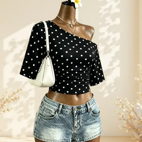 Sweet Cool Girl Casual Cute Summer Asymmetrical Shoulder Pleated Short Sleeve Top, Polka Dot Design Slim Fit Casual T-Shirt for Women