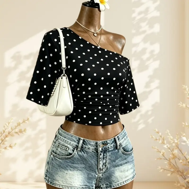 Sweet Cool Girl Casual Cute Summer Asymmetrical Shoulder Pleated Short Sleeve Top, Polka Dot Design Slim Fit Casual T-Shirt for Women
