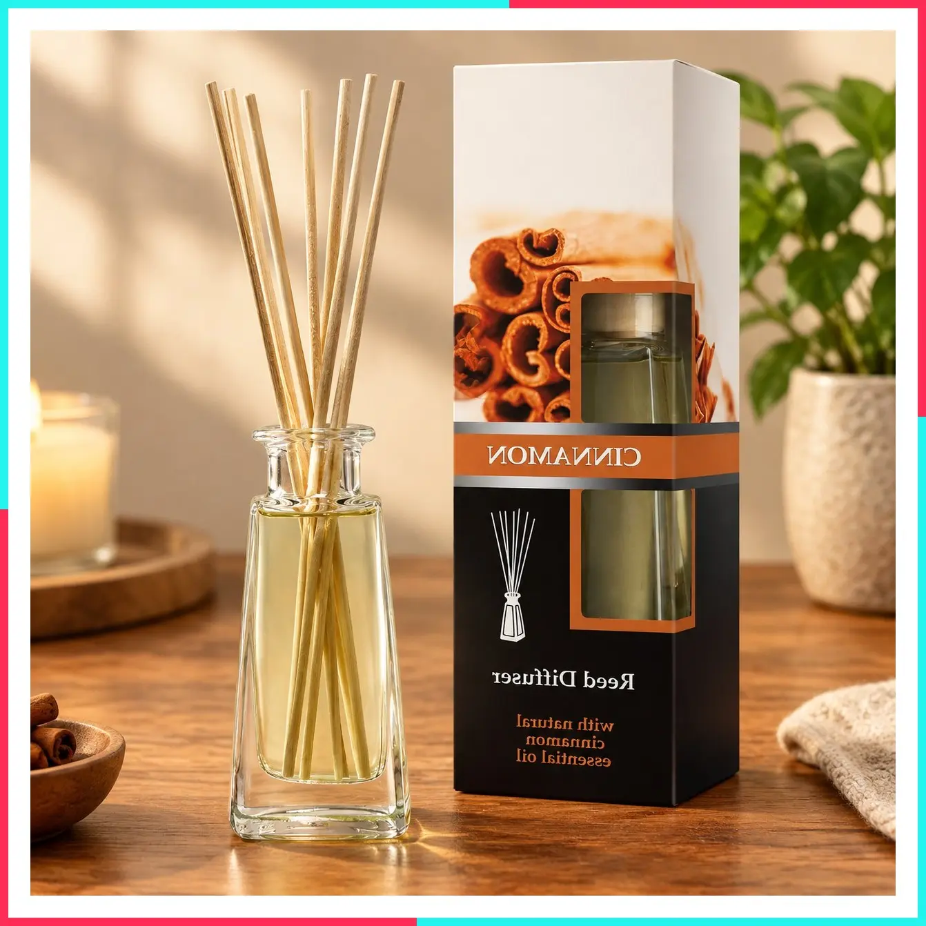 Reed Diffuser Cinnamon 3.4 Fl Oz (100ml) - Room Diffuser with Cinnamon Essential Oil - Home Fragrance - Aromatherapy Air Freshener - Oil Diffuser - Scented Cinnamon Aroma