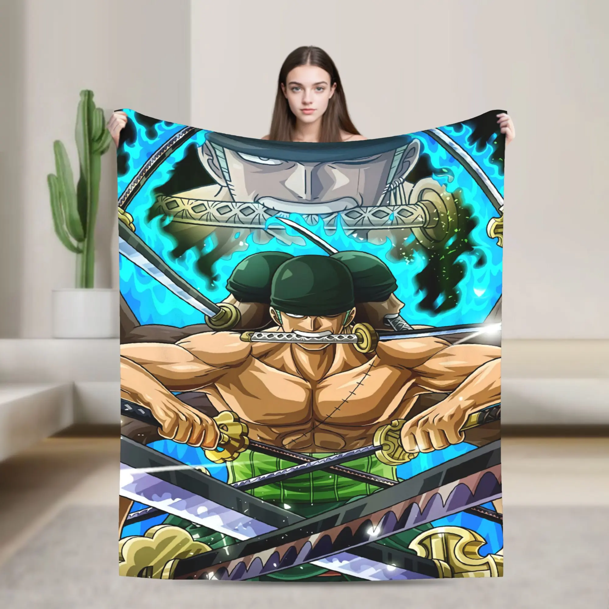 One Piece Zoro Three Sword Style Blanket, Anime Swordsman Fleece Throw Blanket, Soft Cozy Bed Blanket Gift for Fans