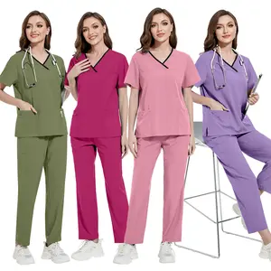 Two-tone unisex thin solid color short-sleeved long pants workwear set for doctors, nurses, beauty salon staff, and construction site workers
