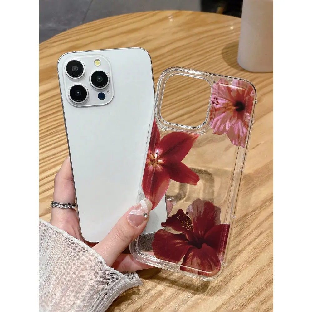 Pink flower element fashionable phone case, charming red flower design transparent phone case, suitable for those who pursue fashion, realistic lily print transparent phone case compatible suitable for iPhone 17 16 15 14 13 12 11 Pro Max phone case ﻿