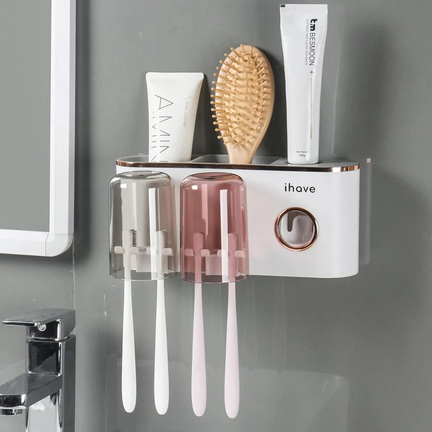 Toothbrush Holders Decor with Toothpaste Dispenser, 2 Cups Toothbrush Holder Wall Mounted Accessories