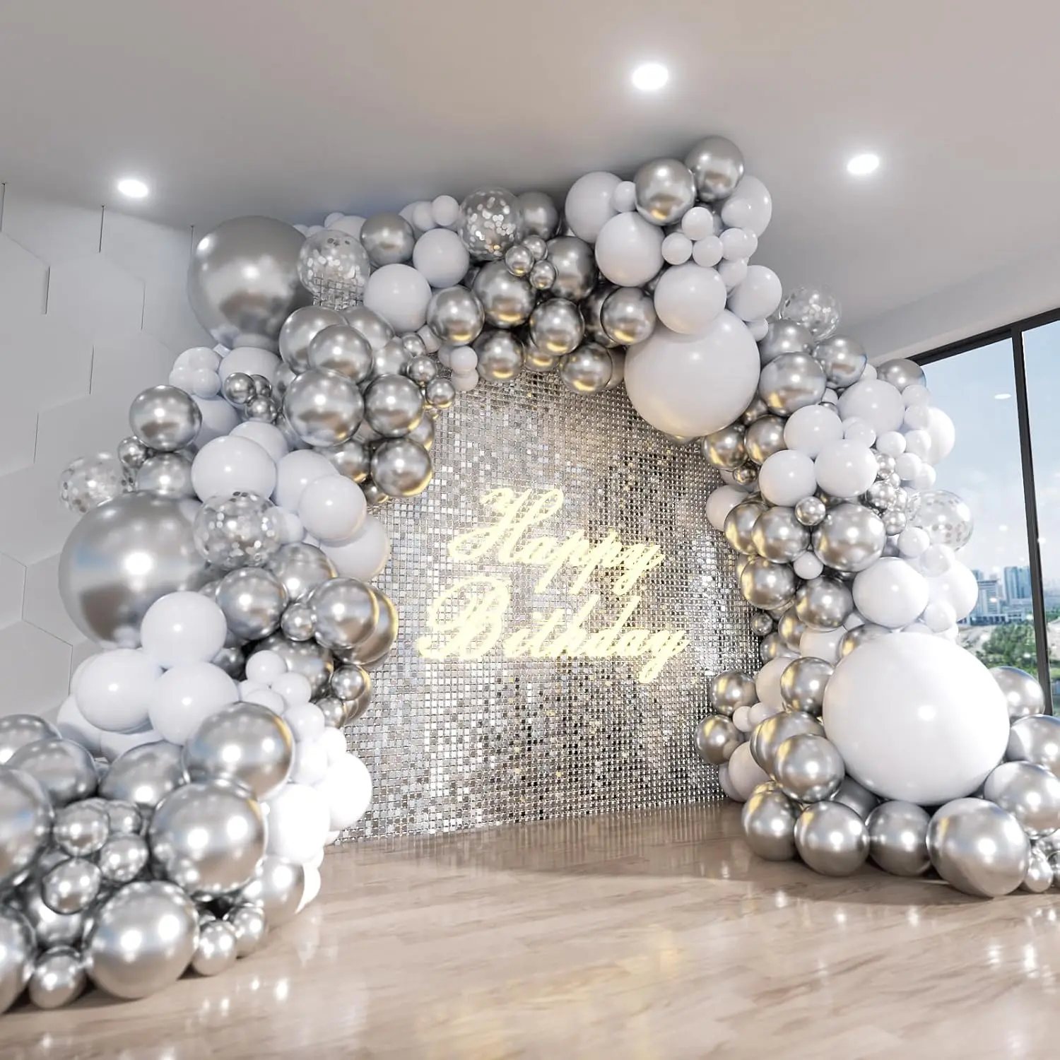 White and Silver Balloon Arch Kit, 140Pcs White Metallic Silver and Silver Confetti Party Balloon Garland Kit for Birthday, Wedding, Engagements, Shower, Anniversary Party Decorations