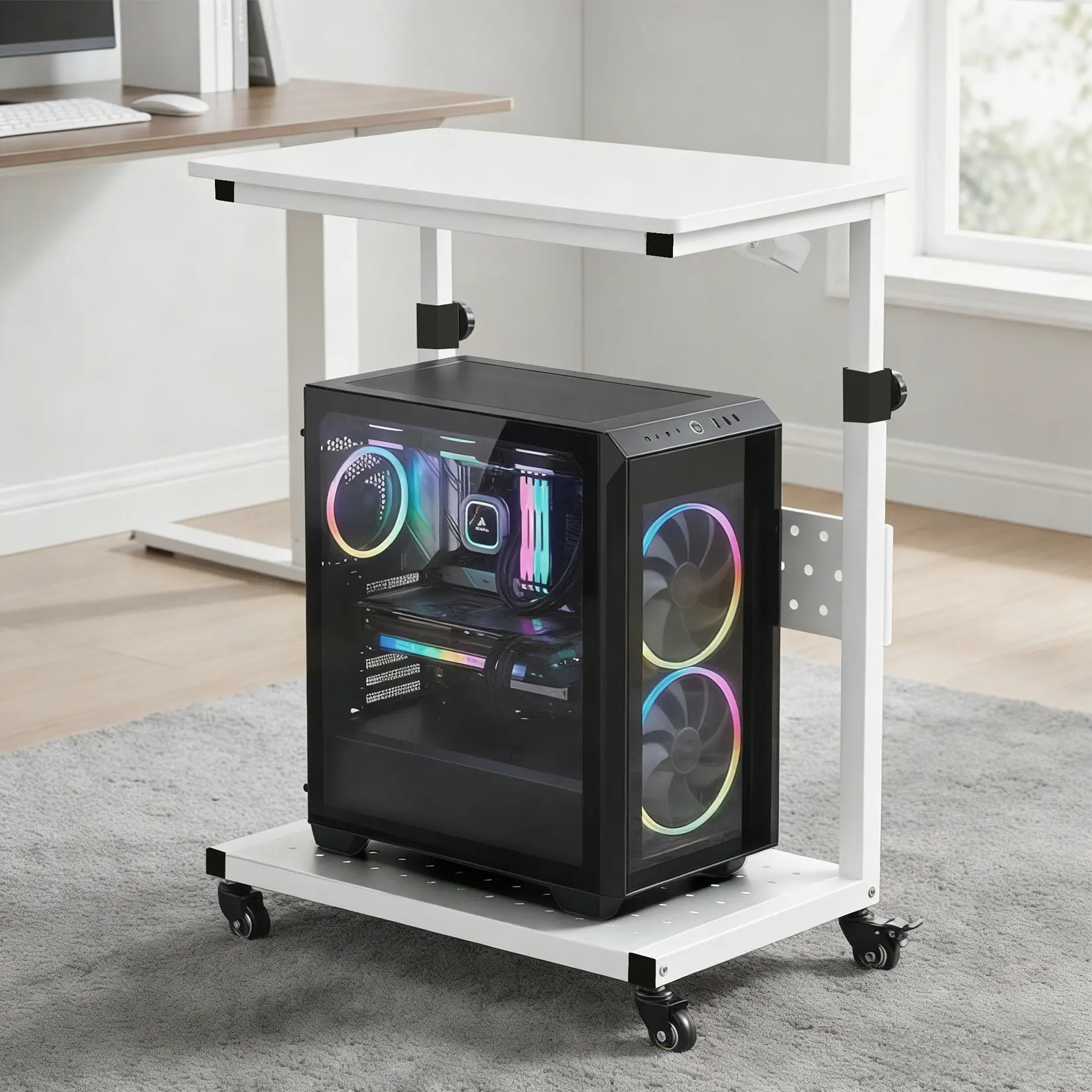 White 2-Tier Adjustable Mobile Computer Tower Shelf with Wheels, Rolling Under Desk CPU & Printer Cart, Wood Top, Metal Frame
