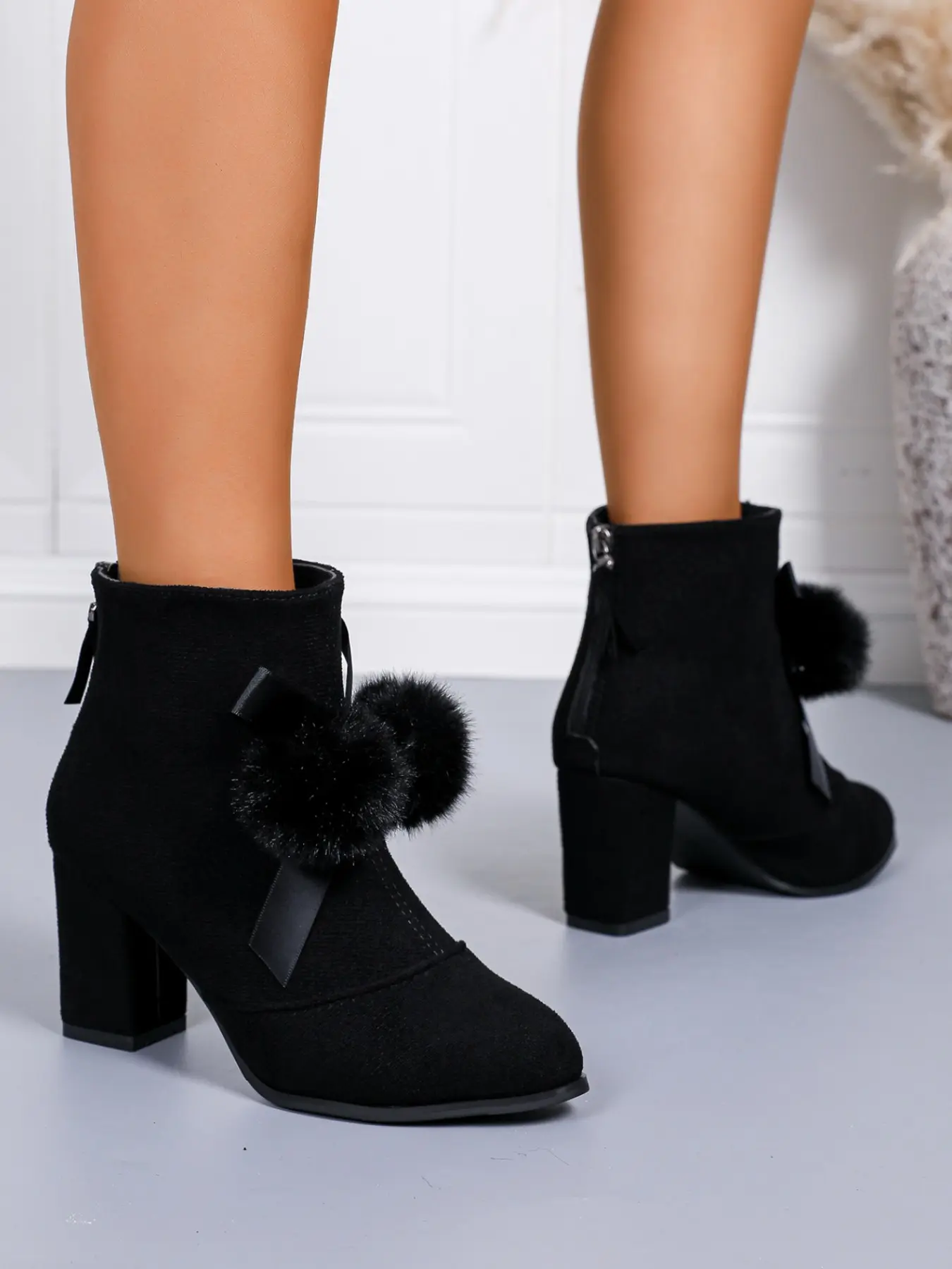 Women's Fall Winter Ballerina Bow Ankle Boots, Side Zipper Chunky Heel Short Boots, Faux Suede Formal Shoes for Daily, Office, Party