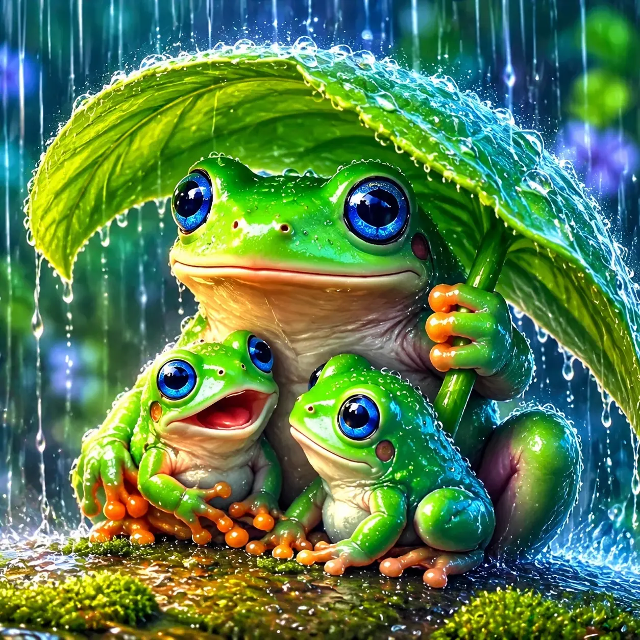 Three Cute Green Frogs Holding Leaf Umbrella In Rain Forest Cartoon Art, Full-drill square diamond Round diamond painting kit (5D DIY, unframed, includes tool kit). Suitable for Handcrafted, personalized gifts.