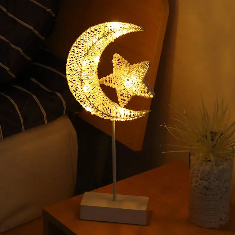 LED Rattan Paper Rope Night Light - ABS Plastic Star-Moon Shape Table Lamp, Soft Glow Indoor Bedside Decor, Ideal Bedroom Ornament & Sweet Gift for Friends Family