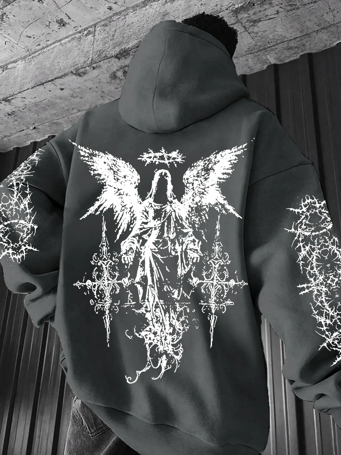 Men's Casual Grunge Streetwear Hooded Sweatshirt, Gothic Pattern Print, Long Sleeve, Loose-Fit, Comfortable and Versatile, All Seasons Wear