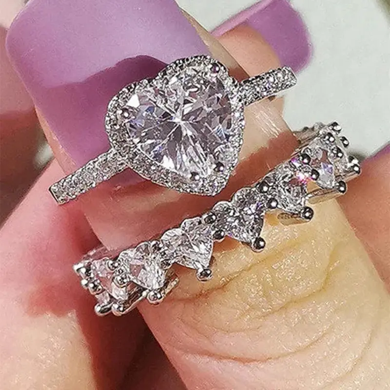 Elegant Heart Shaped Artificial Zircon Ring Set, Heart Design Ring, Fashion Glittering Engagement Rings for Women, Trendy All-match & Exquisite Jewelry for Birthday Gift
