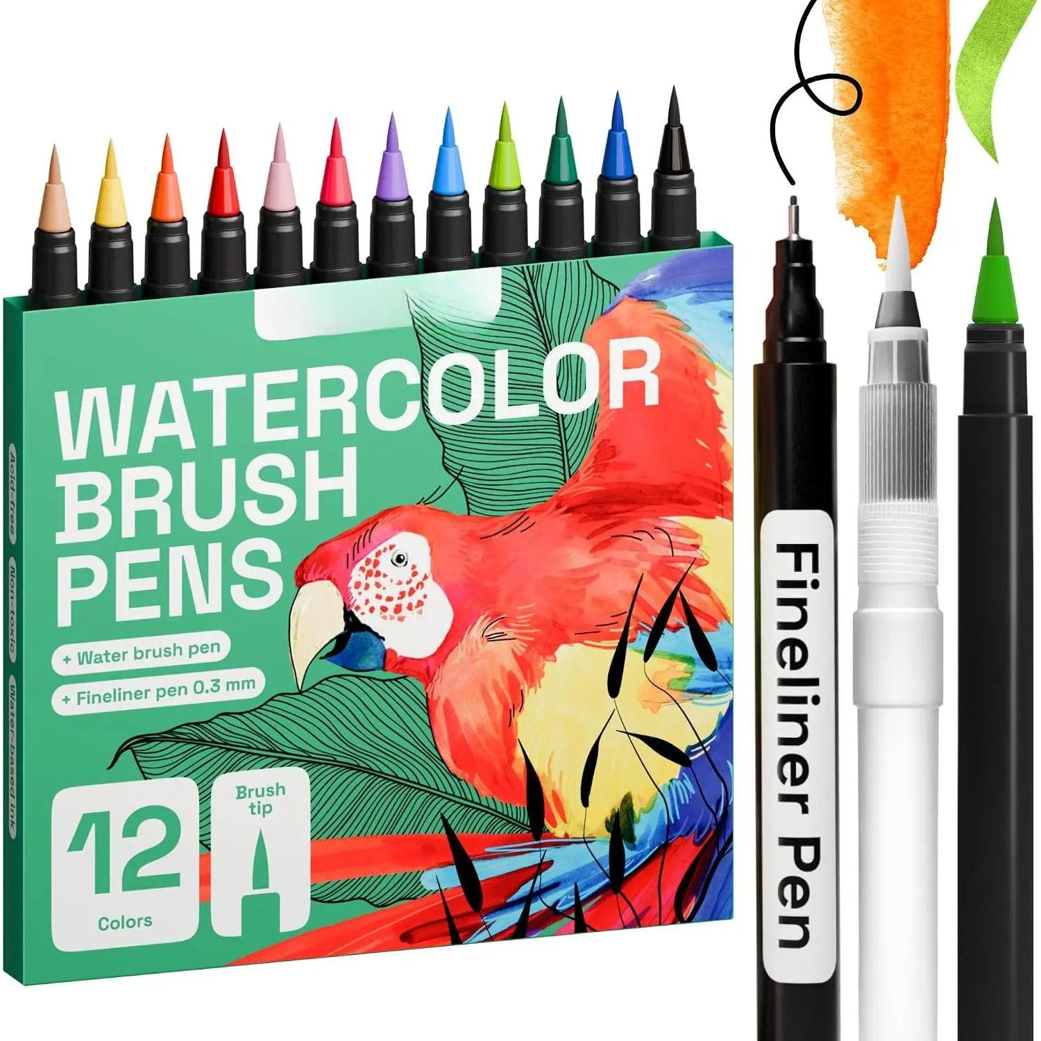 12 Watercolor Markers with Flexible  Brush Pens for Pros & Beginners - Consistent, Smooth, Bright, Washable, , Ideal for Coloring, Calligraphy, & Manga