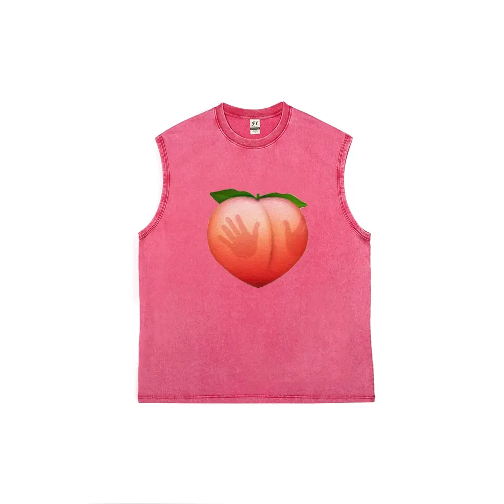 Multi Color Vintage Acid Washed Cut Off Sleeveless Tank Top, Cute Heart Peach With Handprint Funny Meme Graphic Muscle Tee, Casual Y2K Aesthetic Summer Streetwear Sleeveless Vest for Men Women Multiple Vintage Washed Color Options