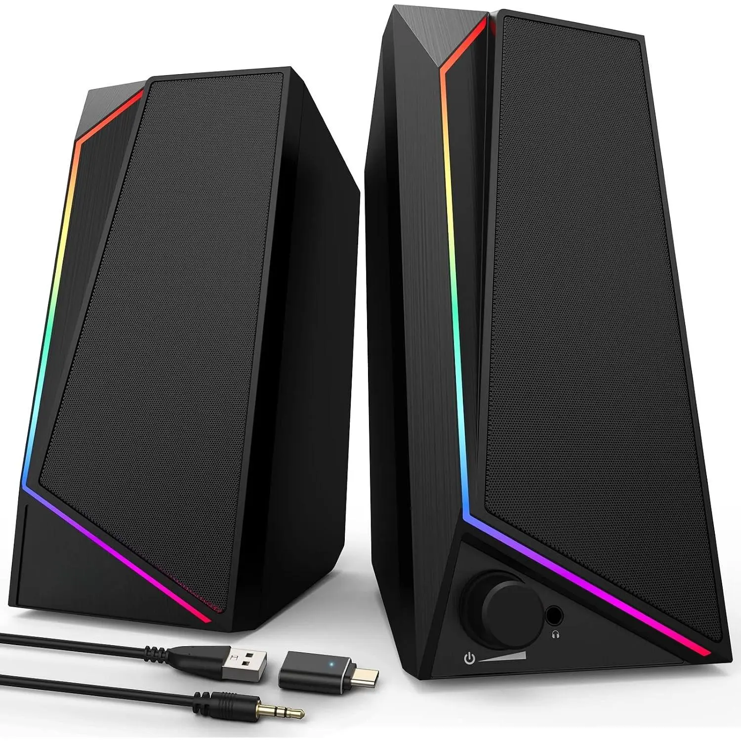 Speakers, USB/USB-C  AUX Audio for PC Speakers with Loud Stereo Sound, Headphone-in,  Lights for Desktop, , Laptop, Desk(USB-C to USB Adapter Included