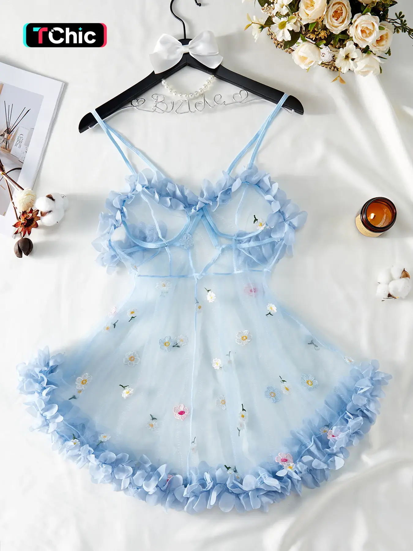 Women's Sexy Cute Homecoming Sleepwear Dress, Backless V-Neck Design, Floral Embroidery Ruffle Hem, Adjustable Spaghetti Straps, Semi-Sheer High Stretch Material