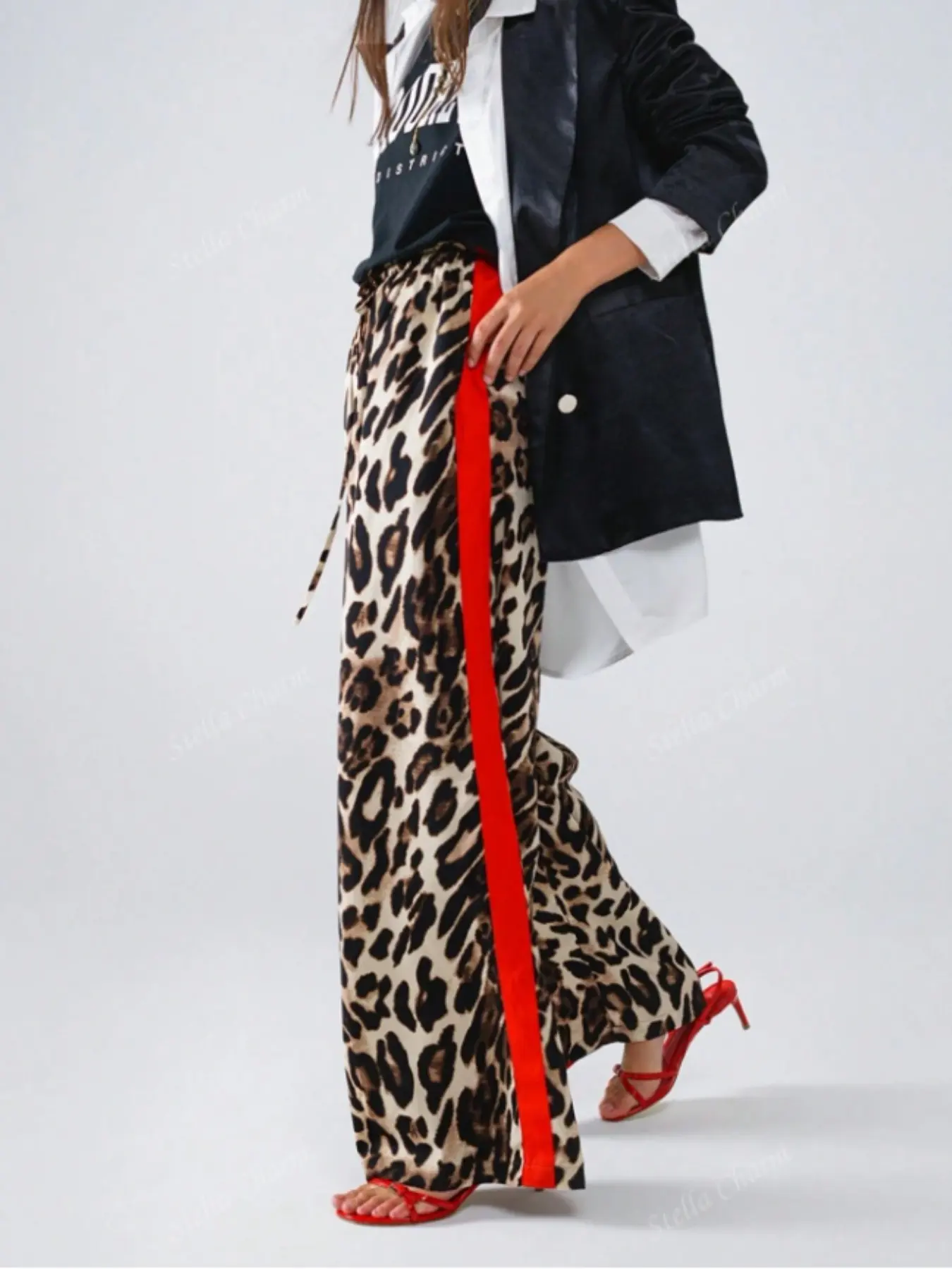 2026 Cross-Border Export European Style Retro Leopard Print Wide Leg Loose Pants, High Waist Elastic Waist Conceal Fat Versatile Long Pants