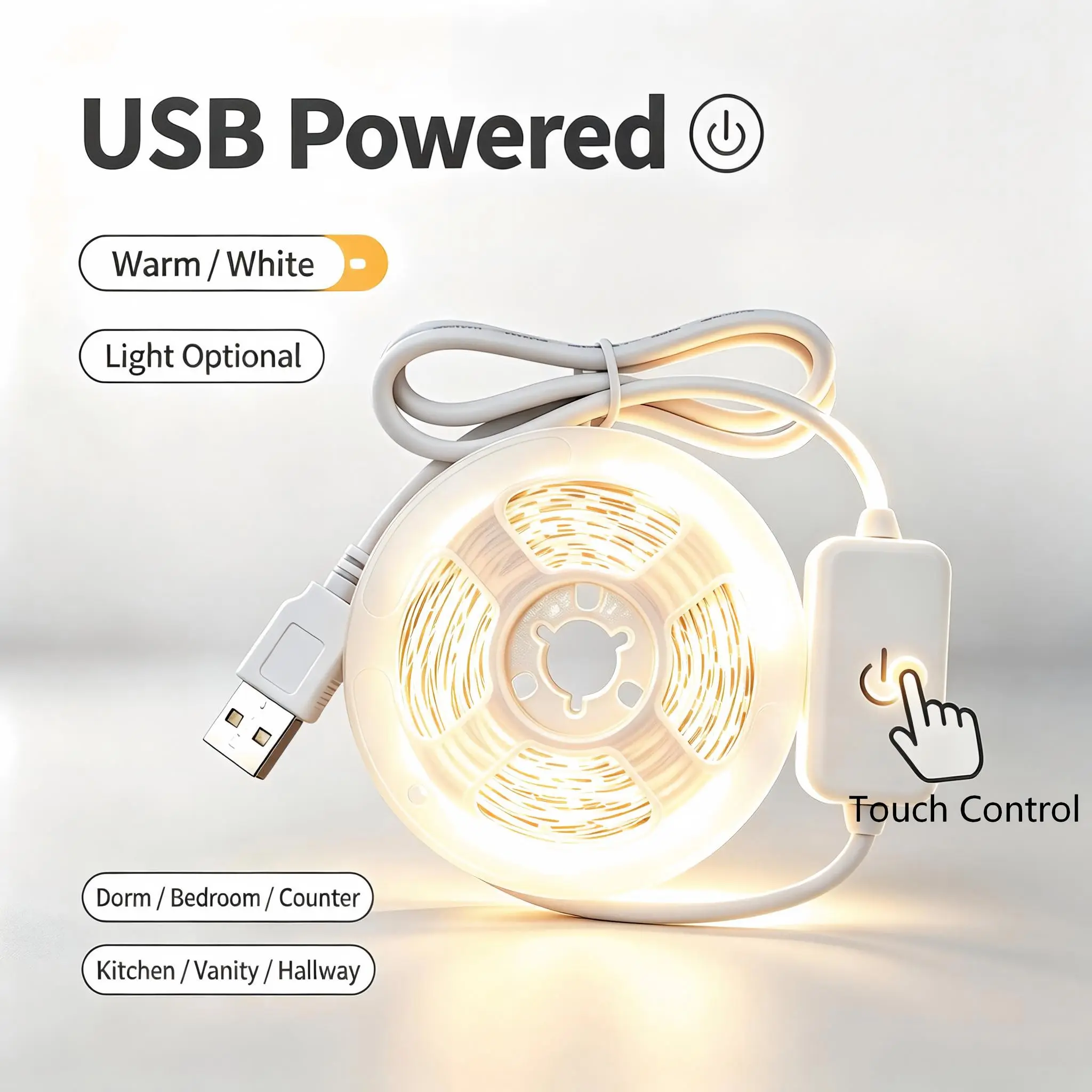 1m-5m LED Light Strip, Cold Warm Dual Color, USB Powered, Touch Switch, Ideal for Bedroom, Mirror, Kitchen, TV Background, Desk, Festive Atmosphere