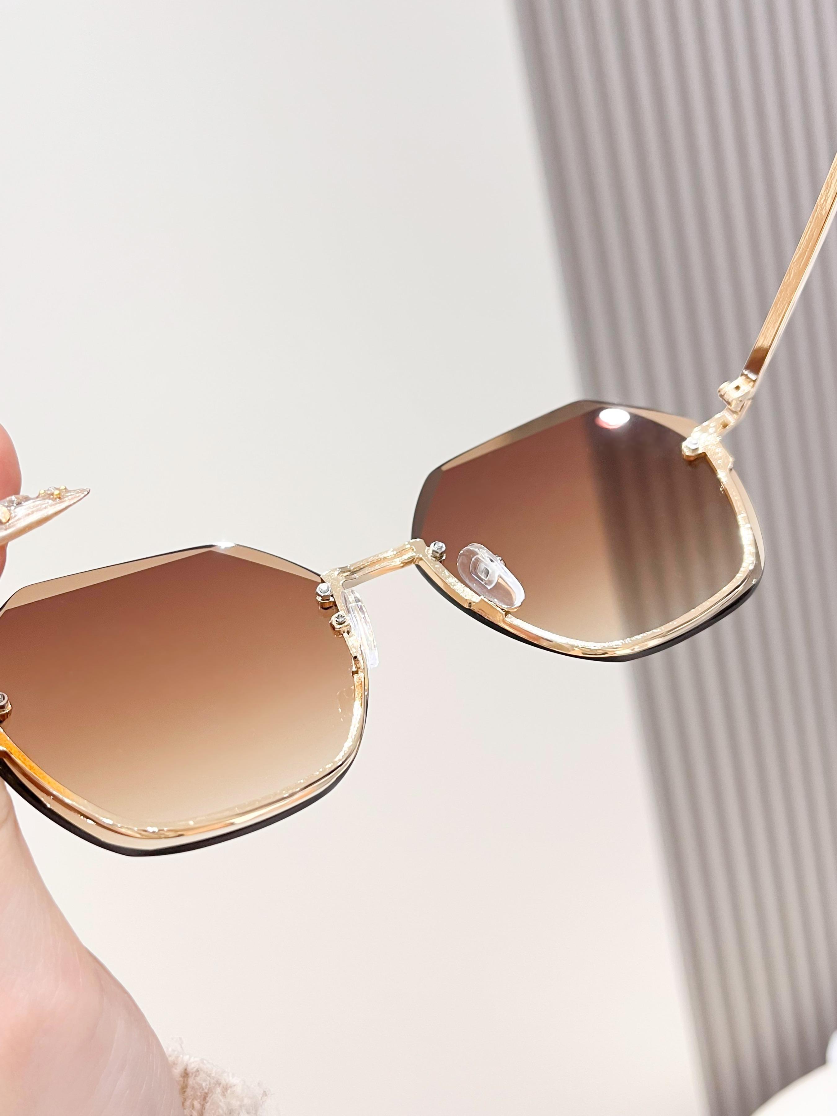 Elegant Gold Gradient Frameless Sunglasses for Women, Hexagonal Large Metal Arms, UV Protection Multi-Color Shades Ideal for Party, Daily Wear, Travel & Holiday Gifting