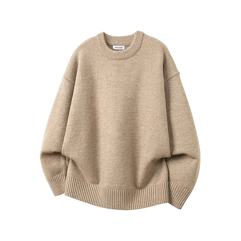 Men's Plain Knitted Round Neck Longsleeves Sweater - Drop Shoulder, Oversized Loose Fit, Elastic Ribbed Cuffs & Hem, Thick Soft Warm Fabric, Minimalist Daily Casual Menswear for Pairing with Jeans, Leggings
