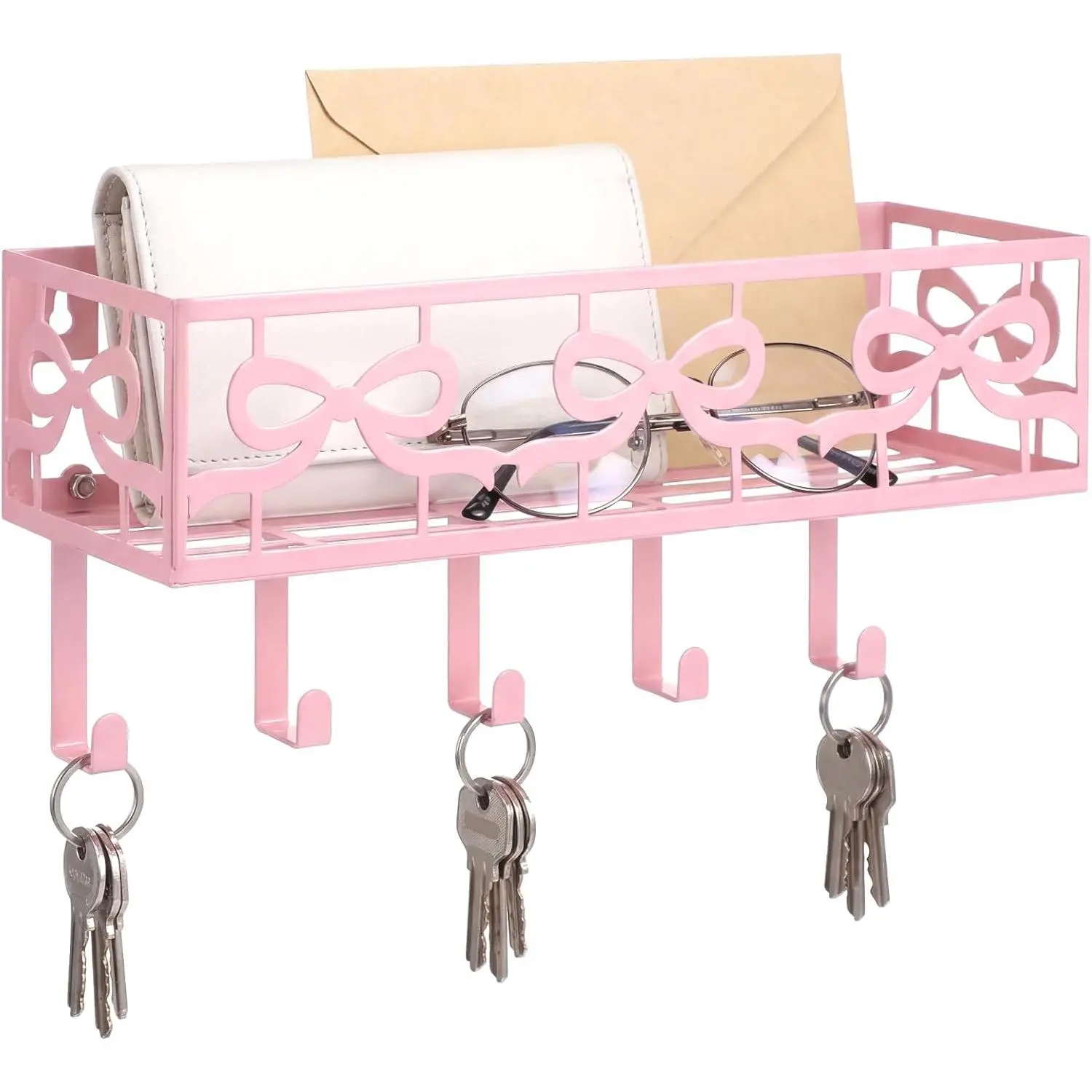 Hicarer Pink Bow Key Holder Wall Mount with Basket and 5 Hooks Decorative Cute Coquette Bow Hooks Hanger Pink Key and Mail Organizer Coquettish Preppy Decor for Entryway Home Apartment Dormitory