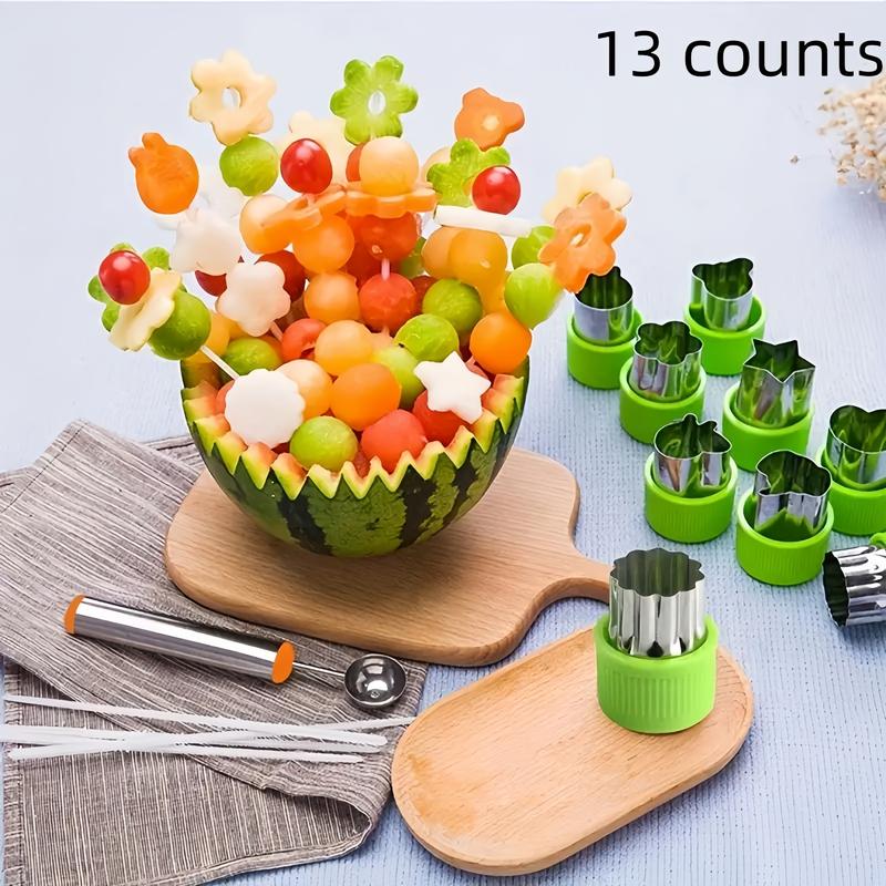 Fruit & Vegetable Cutter, 12pcs/set Stainless Steel Cookie Cutter with 1 Count Demoulding Rod, Household Kitchen Mold Set, Kitchen Baking Tool for Home Use