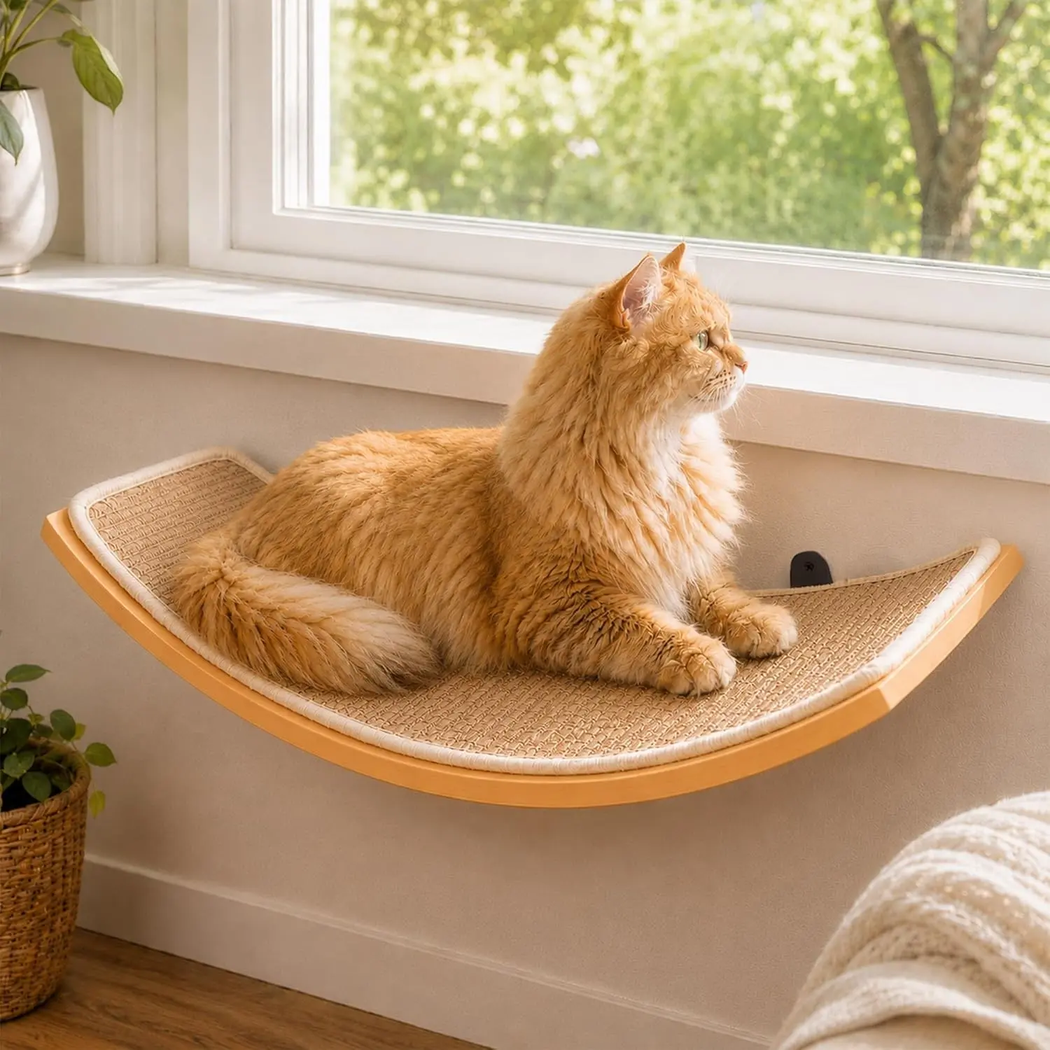 Curved Cat Wall Hammock with Scratchable Sisal Pad, Large Floating Cat Shelf for Wall, Wall Mounted Beige Bed for Playing, Climbing, and Sleeping