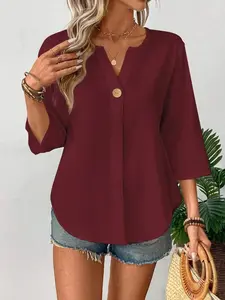 Elegant Women's V-Neck Button Front Five-Piece Sleeve Casual Shirt Top, Pure Color Design, Perfect for Daily Wear & Special Occasions