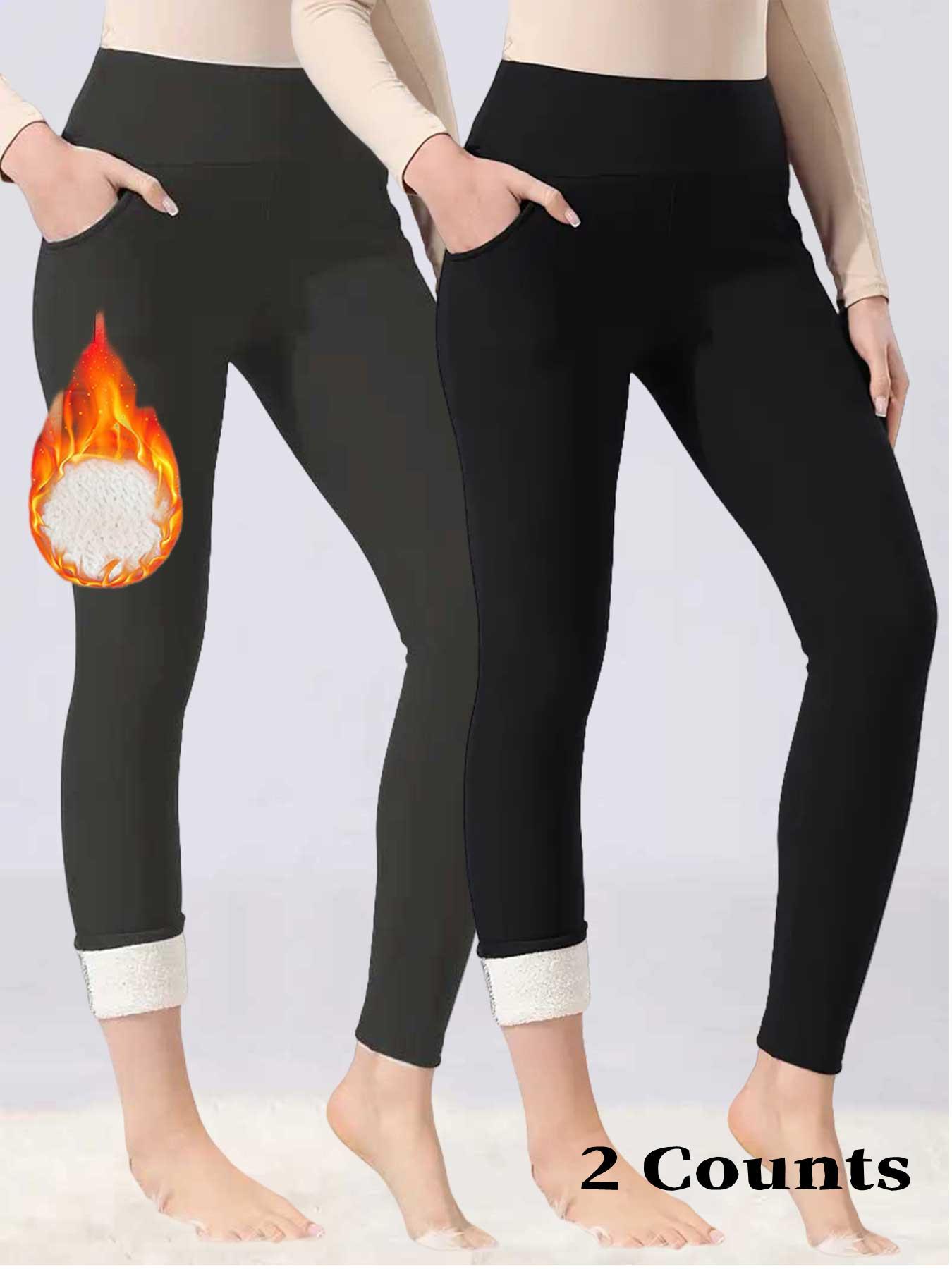 Women's Fall Winter High Waist Fleece Lined Leggings, Skinny Yoga Bottoms, Sporty Tight-Fitting Yoga Pants with Pockets, Warm Thick Woven Fabric