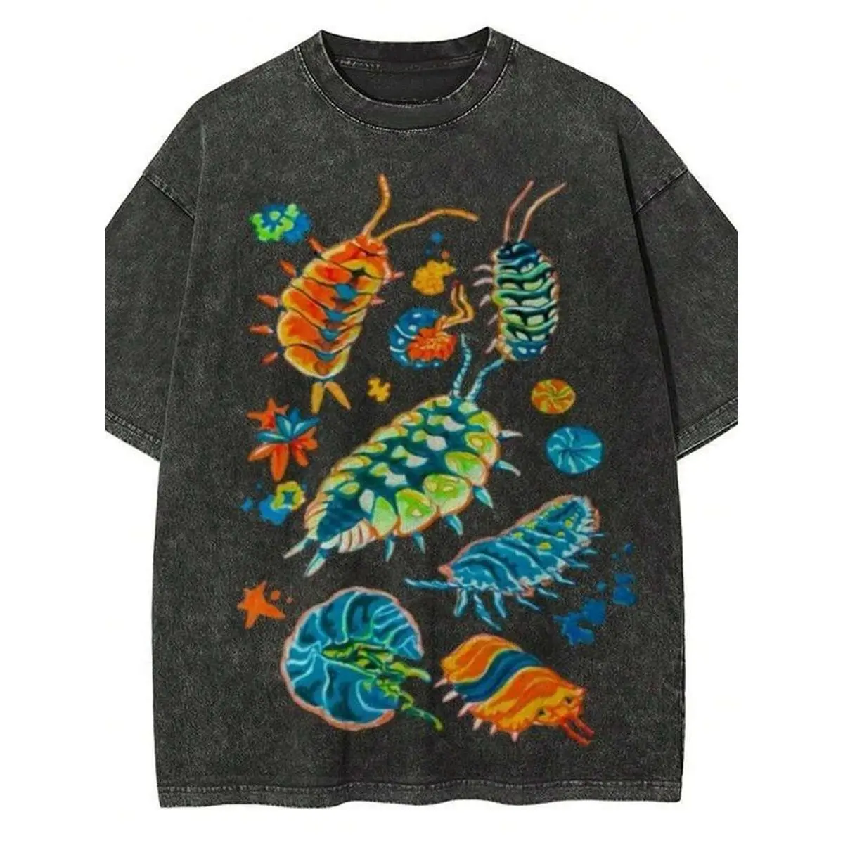 Unisex Y2K Colorful Isopod Bug Print Loose Washed Tee, American Vintage Crew Neck Weird Insect Graphic Print T-Shirt, Retro Streetwear Festival Casual Daily Tops Indie Oddcore Aesthetic Style Top, Strange Creature Fashion
